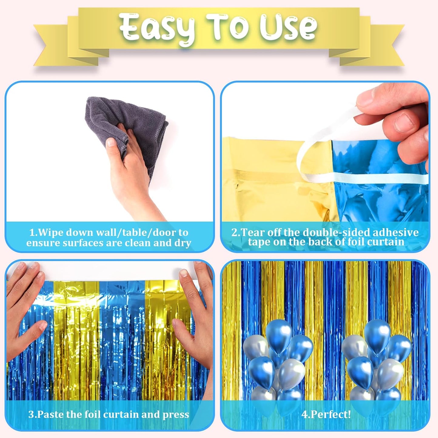 2 Pack Blue Gold Foil Fringe Backdrop Curtains, Graduation Tinsel Streamers Party Decorations, Fringe Backdrop, Door Shimmer for Birthday Party