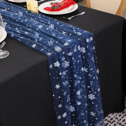 Snowkingdom Christmas Table Runner, Navy Blue Snowflake Cheesecloth Sheer Chiffon Gauze Table Runner, 120 Inch Seasonal Winter Holiday Kitchen Dining Decorations for New Year Home Party Decor