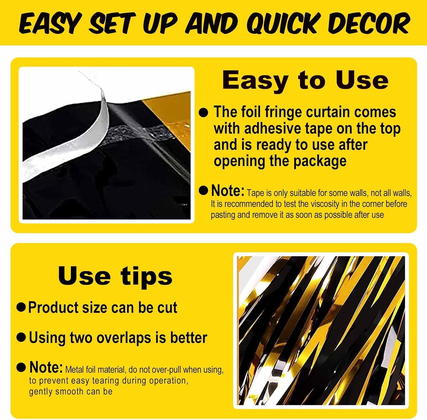 6 Pack Black and Gold Foil Fringe Curtains Backdrop, 3.28 x 8.2 Ft Metallic Streamers Tinsel Curtains Background for Photo Booth, Birthday, Weddings, Carnivals, Graduation, Themed Party Decorations