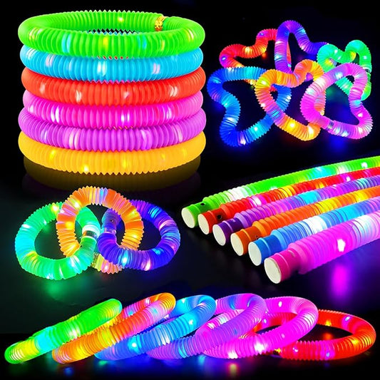 Glow Sticks Wands for Toddlers-6 PCS Light Up Pop Tube Party Favors Toys Gifts for Kids,LED Bracelet Necklace Accessories,Fun Camping Camp Essentials Valentine Carnival Game Activities for Boys Girls