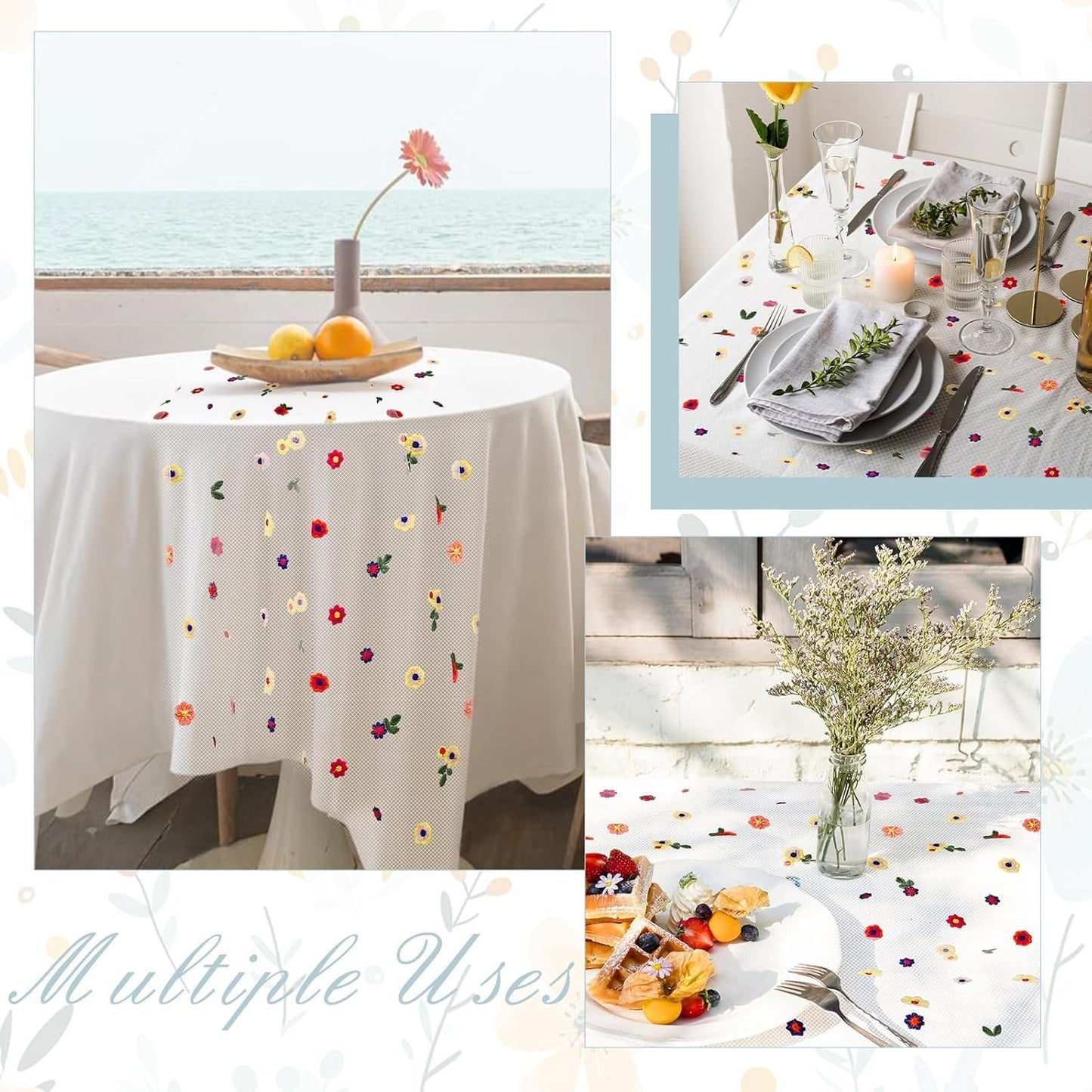 Lvory Floral Table Runner 10 FT, Embroidery Daisy Table Runners Seasonal Sheer Tulle Table Runner for Thanksgiving Wedding Birthday Baby Shower Party ﻿