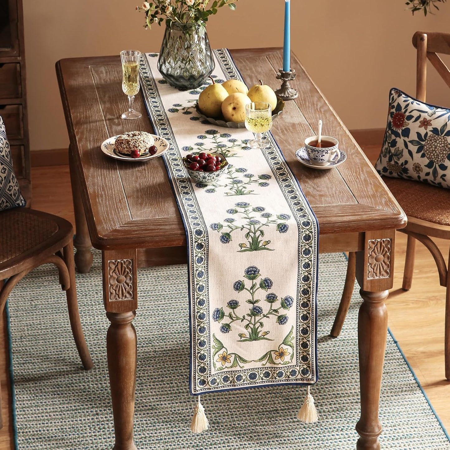 patdrea Designer Blue Rustic Elegant Floral Patterned Extra Long,Wrinkle Resistant Linen Table Runner 118 Inch Long,Decoration for Kitchen Dining and Coffee Tables Banquet Christmas , 12"x118"
