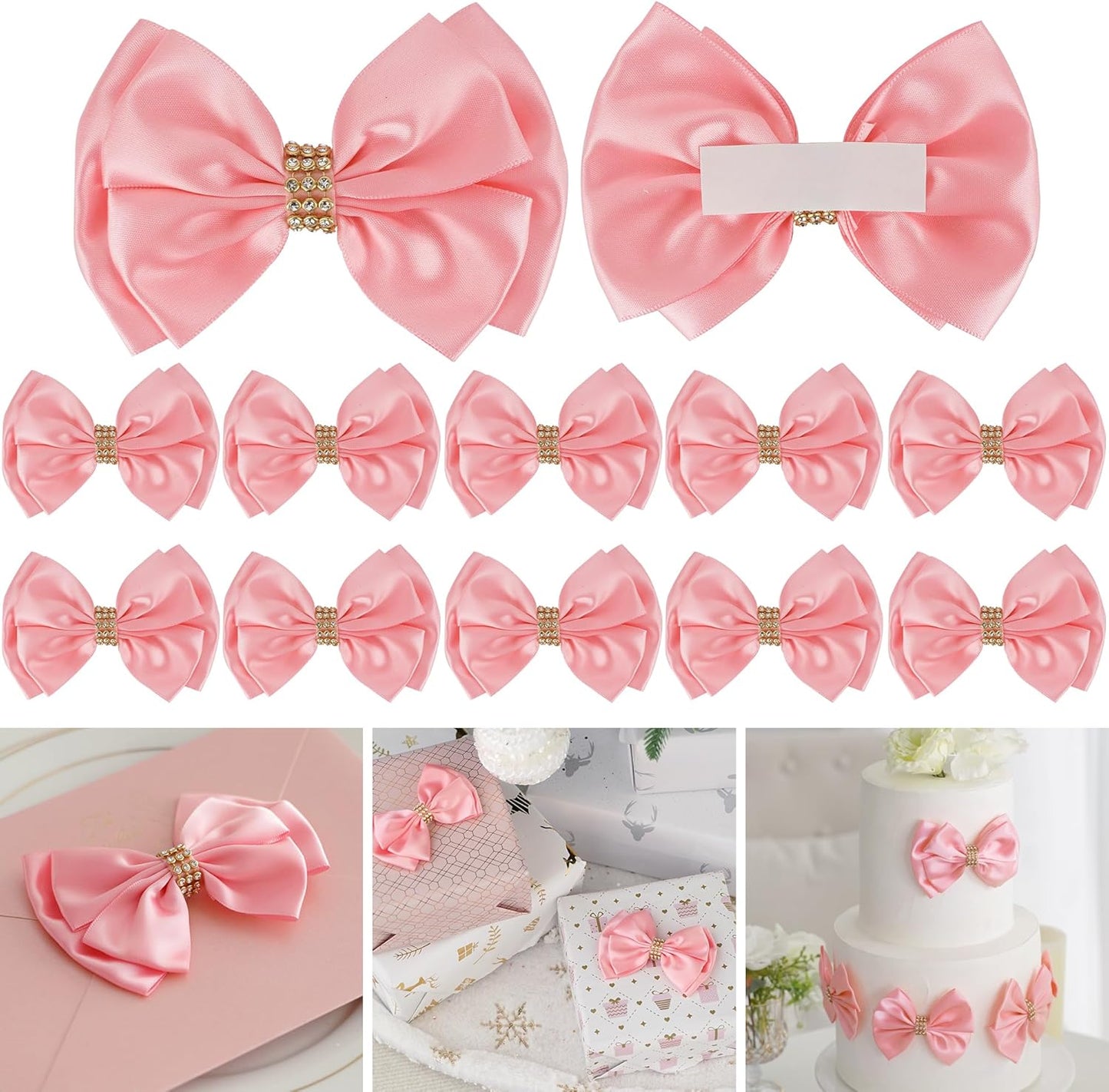 Pink Ribbon Bow 4'' Premade Pink Satin Bow, Gift Bows with Rhinestone, Wrapping Bows for Presents, Greeting Cards, Treat Bags, Wine Bottles, Pink Valentines Bows for Gift Wrapping-12 Counts