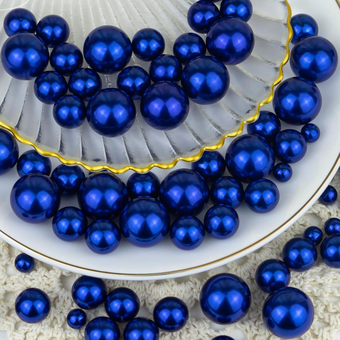 150Pcs Navy Blue Polished No Hole Faux Pearl Beads for Vase Filling Decorations, Plastic Pearls Vase Fillers, Table Scatters, Wedding Centerpiece, Home Decor, 8/14/20 mm