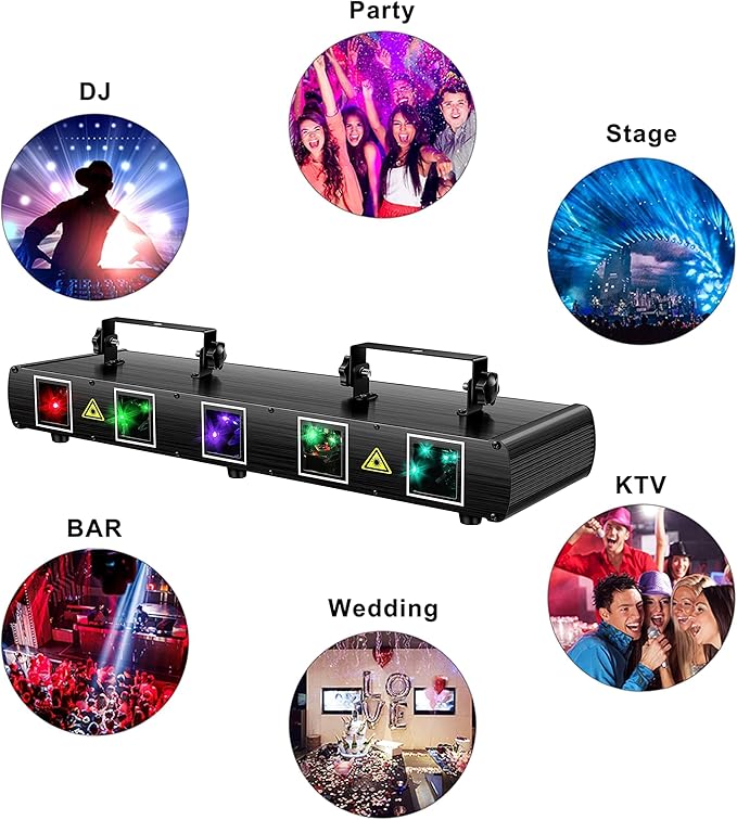 DJ Laser Lights, U`King 5 Beam Effect Sound Activated DJ Party Lights RGBYC LED Music Light by DMX Control for Disco Dancing Birthday Bar Stage Lighting(2PC)