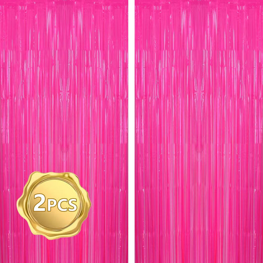BEISHIDA 2Pcs Hot Pink Door Streamer Fluorescent Hot Pink Backdrop Blue Foil Fringe Curtains Tinsel for Birthday Baby Shower Backdrop Wedding Party Decoration (3.28 ft x 6.56 ft)