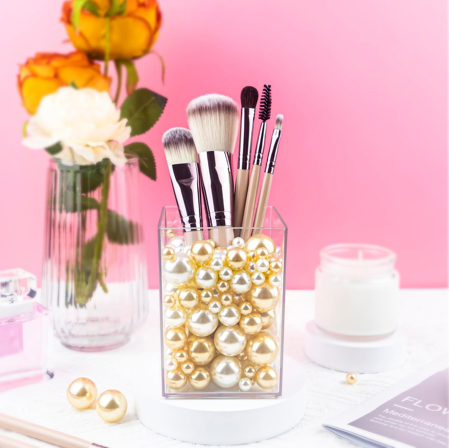 300Pcs Cream&Gold Polished No Hole Faux Pearl Beads for Vase Filling Decorations, Plastic Pearls Vase Fillers, Table Scatters, Wedding Centerpiece, Home Decor, 8/14/20 mm