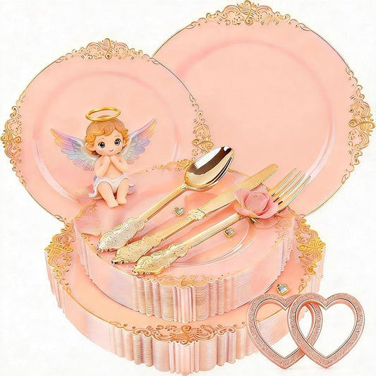 125PCS Peachy Pink Plastic Plates - Elegant Pink and Gold Dinnerware Set - Heavy Duty Disposable Plates with Gold Silverware Sets for 25 Guests for Wedding & Valentine's Day & Bridal Shower