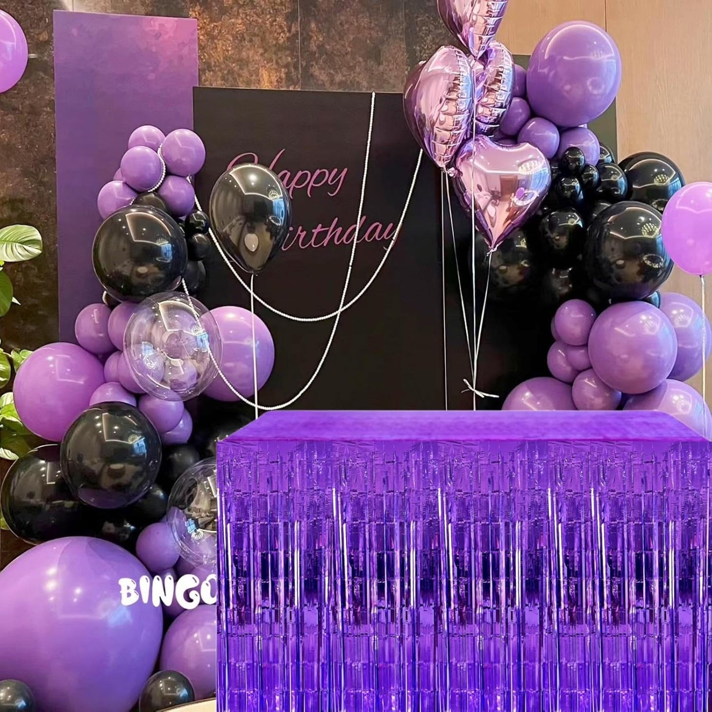 Purple Streamers Party Decorations, 2 Packs Purple Table Skirts Metallic Foil Fringe Tinsel for Birthday Graduation Mermaid Easter Wizard Float Parade Mardi Gras Halloween Party Supplies - 29x108 Inch