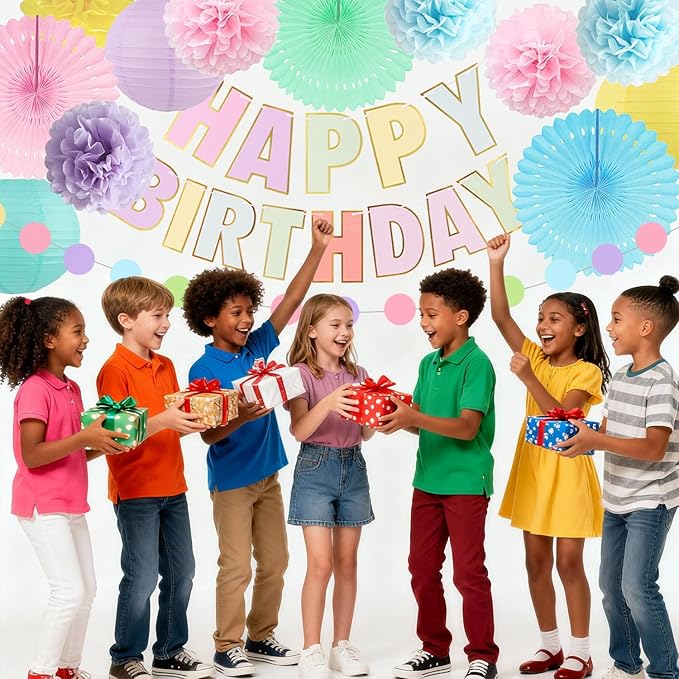 Pastel Birthday Decorations for Women or Girls - Pastel Happy Birthday Banner, Hanging Colorful Paper Lanterns and Fans, Tissue Paper Pom Poms, Rainbow Party Decorations Set