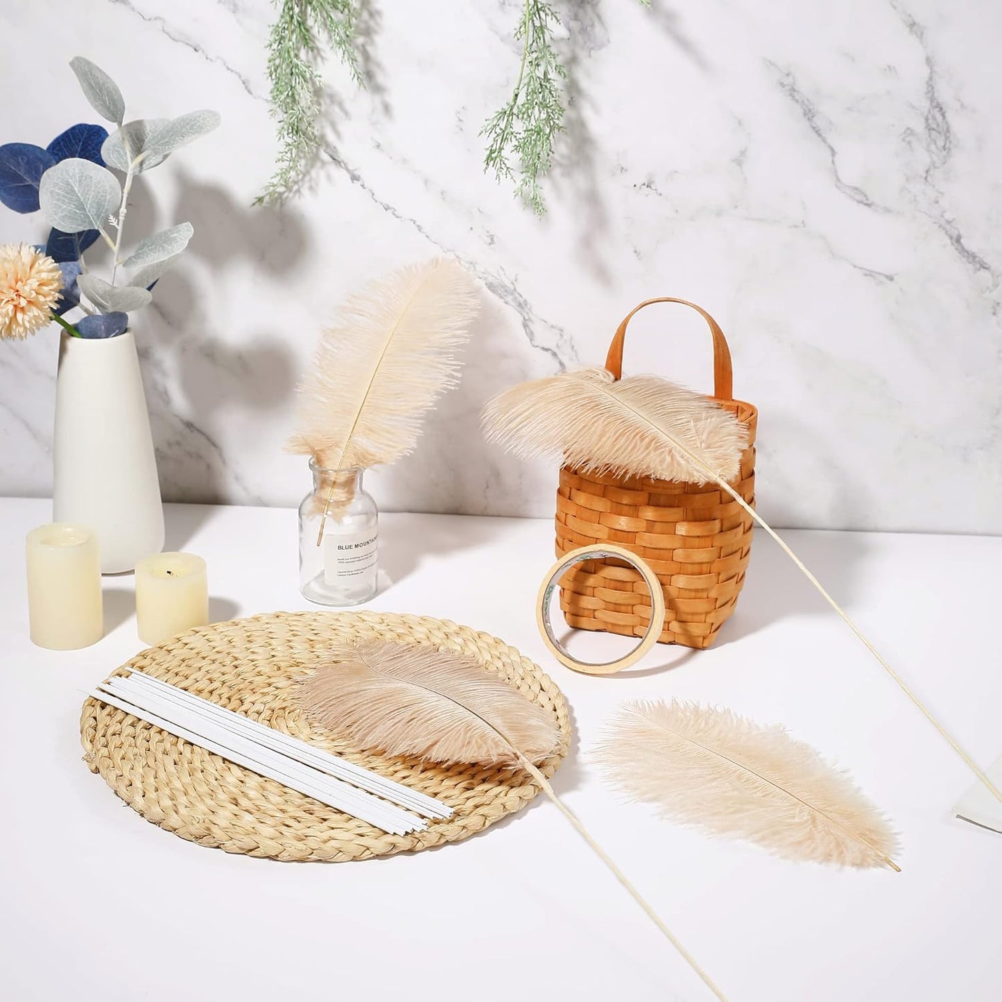 Holmgren Champagne Large Ostrich Feathers - 20pcs Making Kit 22 Inch Boho Feather Decor for Vase, Floral Arrangement, Wedding Party Centerpieces Home Decorations（Champagne）