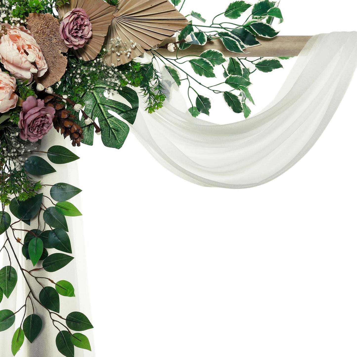 VDS Pack of 3 Panel (30 Inch X 20 Feet) Wedding Arch Draping Fabric Sheer Chiffon Fabric Drapery for Wedding Ceremony Reception Swag Backdrop Canopy Chuppah ARBO Altars Decoration (Ivory)