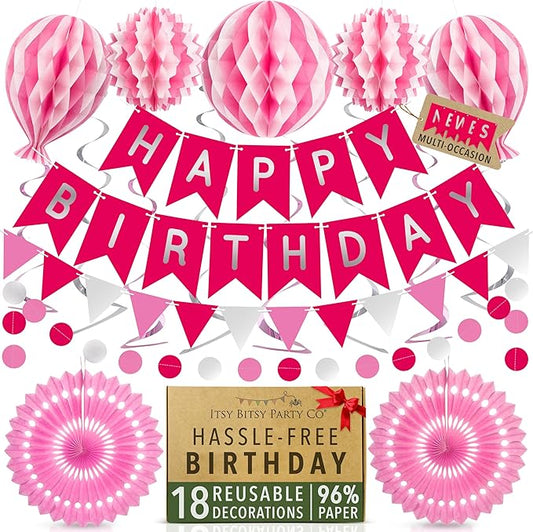Premium Reusable Happy Birthday Decorations for Women and Girls Pink Party Decorations, Multi-occasion Banner, Pennant Banner, Paper Fans - Party Decor by Itsy Bitsy Party Co