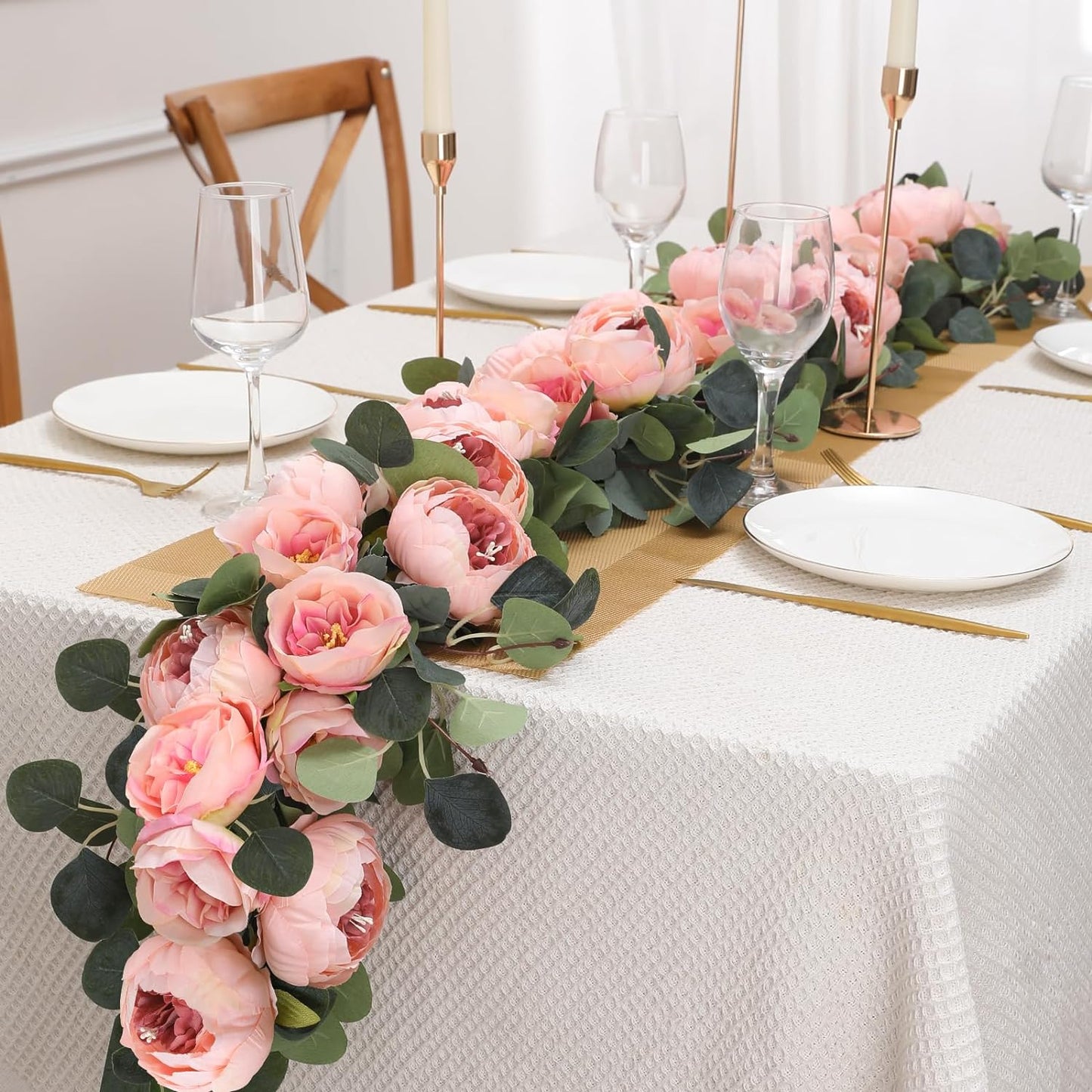 Floweroyal 2 Pack Artificial Flower Garlands 11.2FT Eucalyptus Garlands with Flowers 8 Head Peony Flower Vine Faux Floral Garland for Wedding Arch Table Wall Backdrop Wreath Decoration. (Vintage Pink)