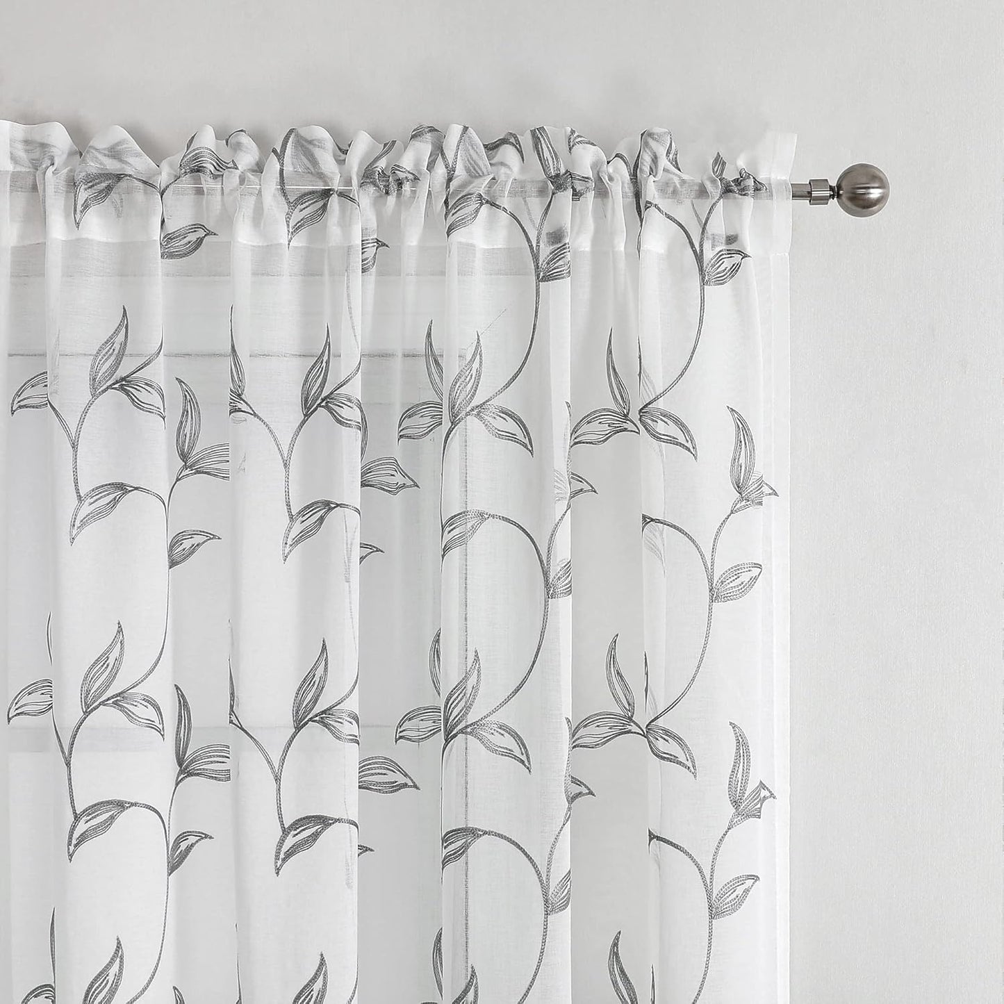 VISIONTEX Sheer Curtains 108 Inch Length 2 Panels, Decor Iron Grey Vine Leaves Embroidery on White Voile Pair, Accent Semi Window Drapes for Kitchen, Living Room and Bedroom, 54" W x 108" L