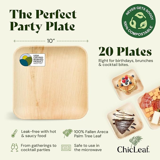Chic Leaf Palm Leaf Disposable Bamboo Plates – Square, Biodegradable & Compostable Party Plates for Weddings, Parties & Events, Christams Dinner Turkey Meal Holiday - Disposable Platter (10", 20 Pack)
