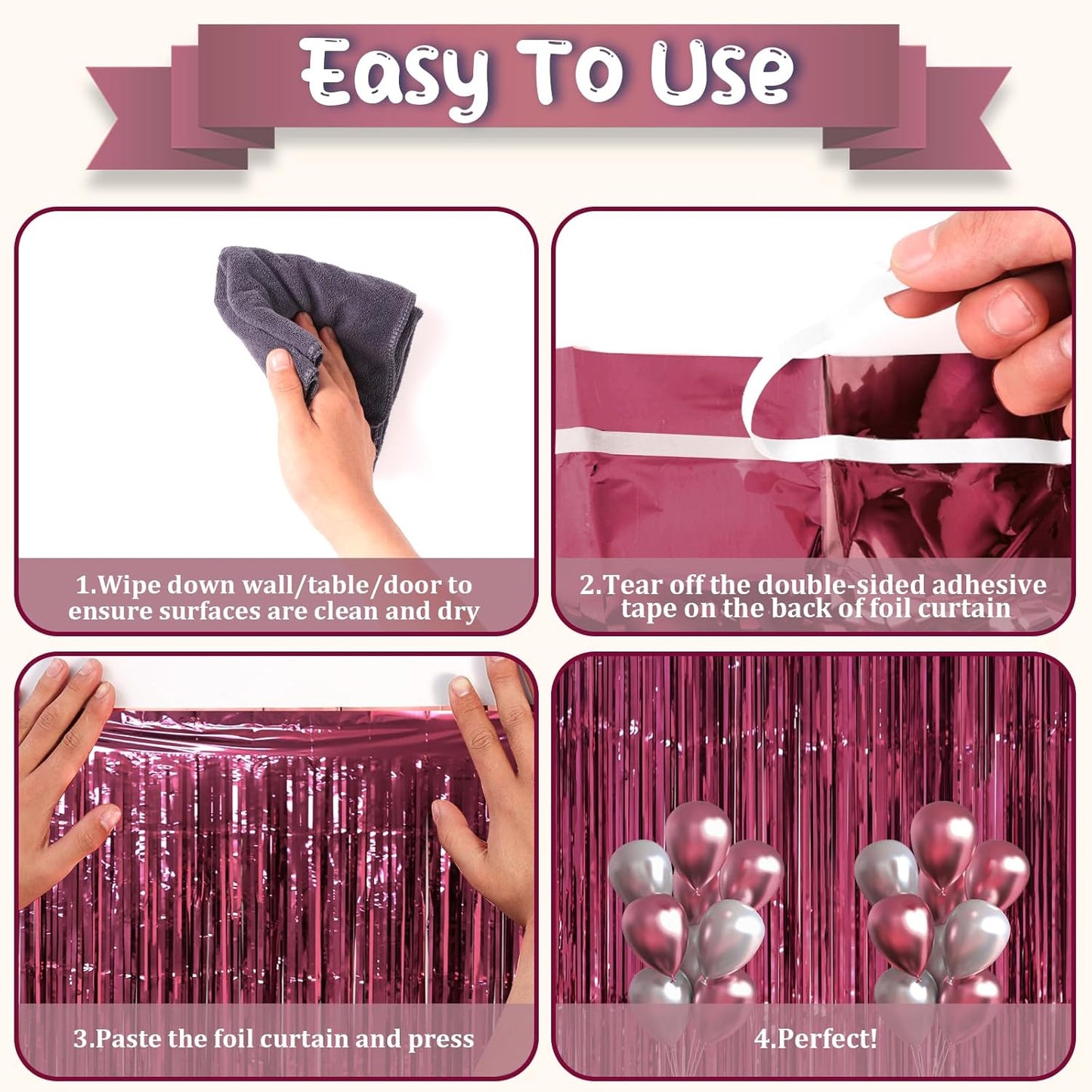 2 Pack Burgundy Foil Fringe Backdrop Curtains, Tinsel Streamers Party Decorations, Fringe Backdrop, Door Shimmer for Retro Theme Party