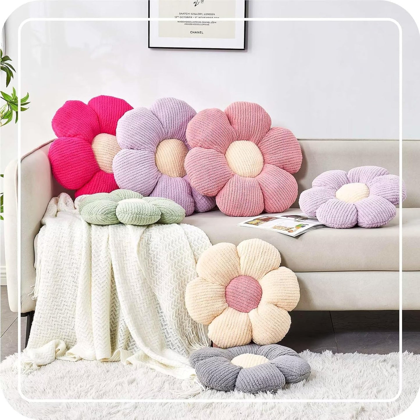 White Brown Flower Pillow, 14.9" Cute Flower Shaped Floor Pillow, Aesthetic Floral Plush Daisy Decorative Throw Pillows for Bed Sofa Couch