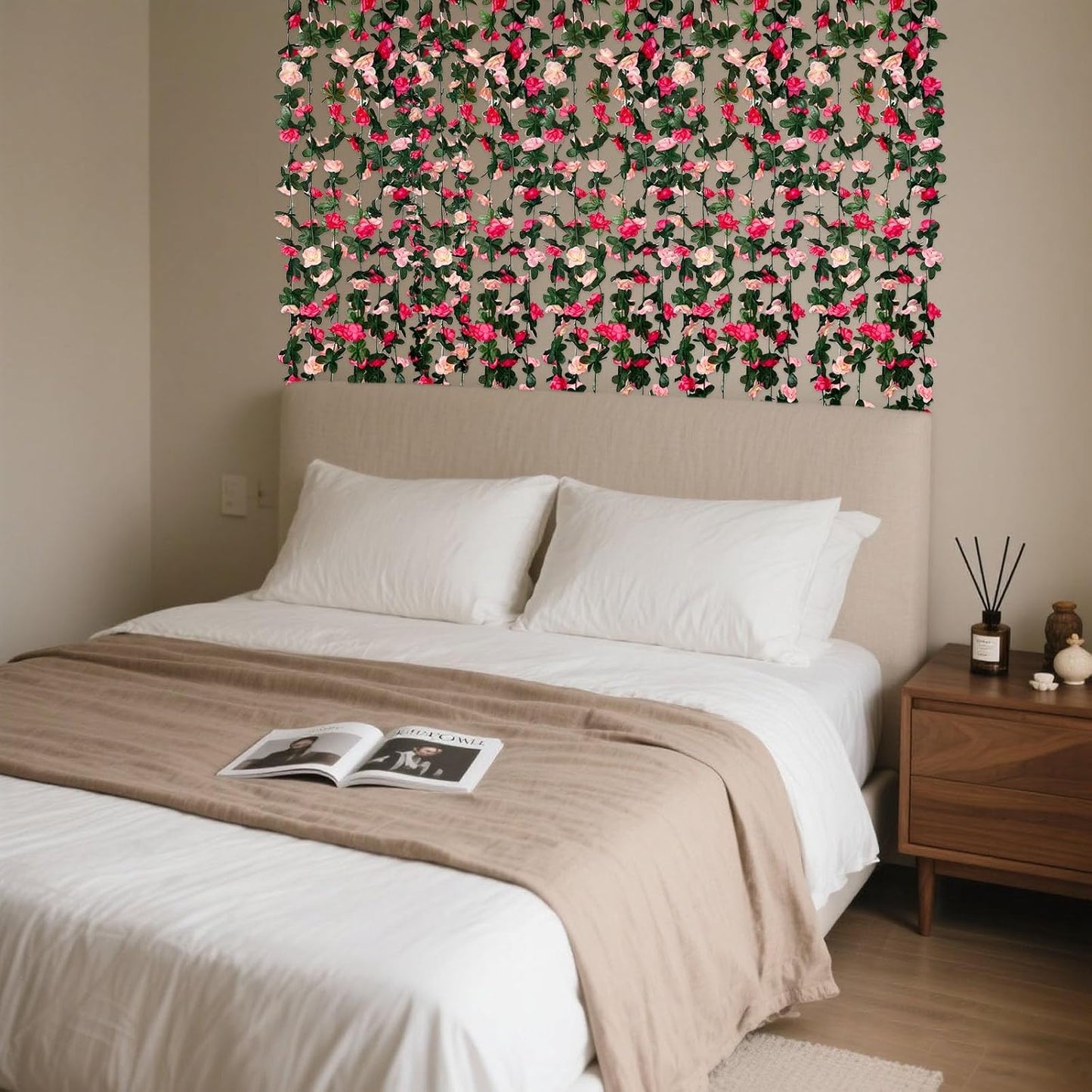 8Pcs 63Ft Pink Rose Garland, Fake Rose Hanging Flowers, Artificial Flower Vine, Hanging Floral Vine Garland for Wedding, Birthday Party, Wall Arch, Halloween, Christmas Garden Backdrop Decor