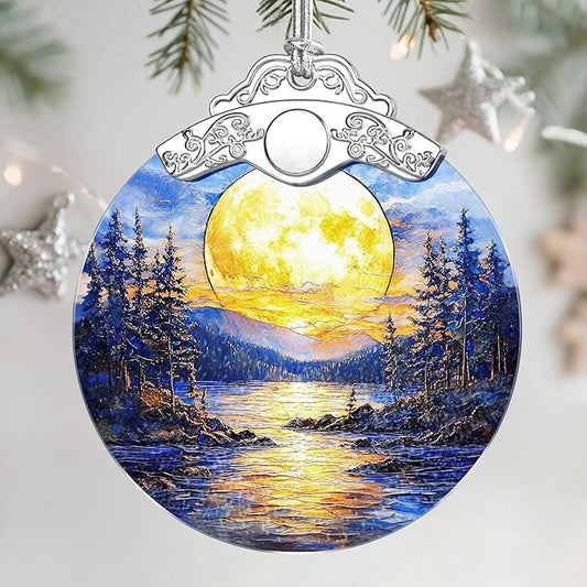 Christmas Ornaments: Stained Glass Ornament, Christmas Tree Ornament, Hanging Ornaments for Home Decor, Xmas Tree Decorations, Holiday Decor, Gift, Holiday Present - Full Moon Over Forest Lake