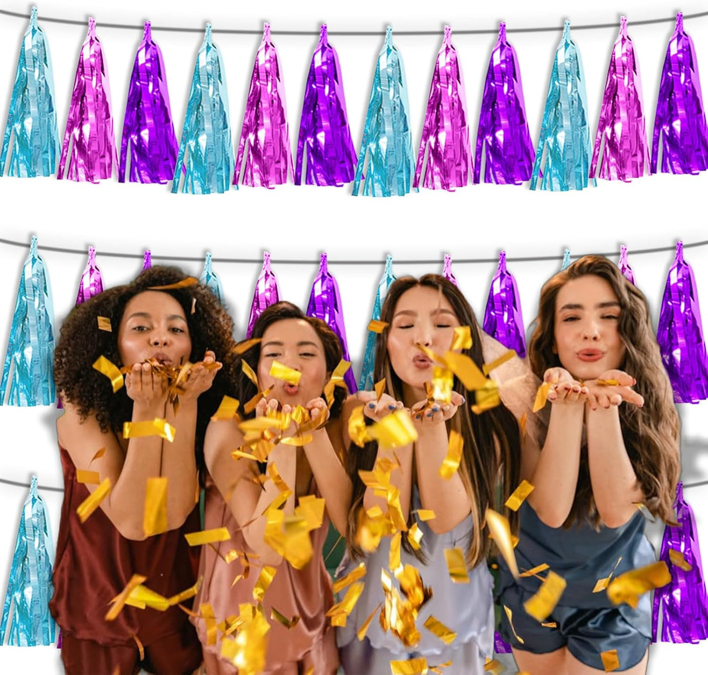 3P Lake Blue Purple-Hot Pink Metallic Fringe Tassel Banner Garland Foil Tinsel Streamer Wall Hanging Curtain Backdrop Banner for Parade Floats,Graduation Decorations, Wedding Party Decoration