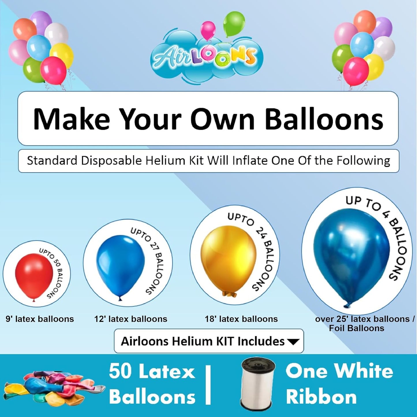 Airloons Helium Balloon Kit with 2 Pack 14.9 Cu Ft Tank - Includes 100 Multicolor 9 in Latex Balloons, Ribbon & Easy to Fill Nozzle - Easy Setup for Birthdays, Weddings, Baby Showers, DIY Party Décor