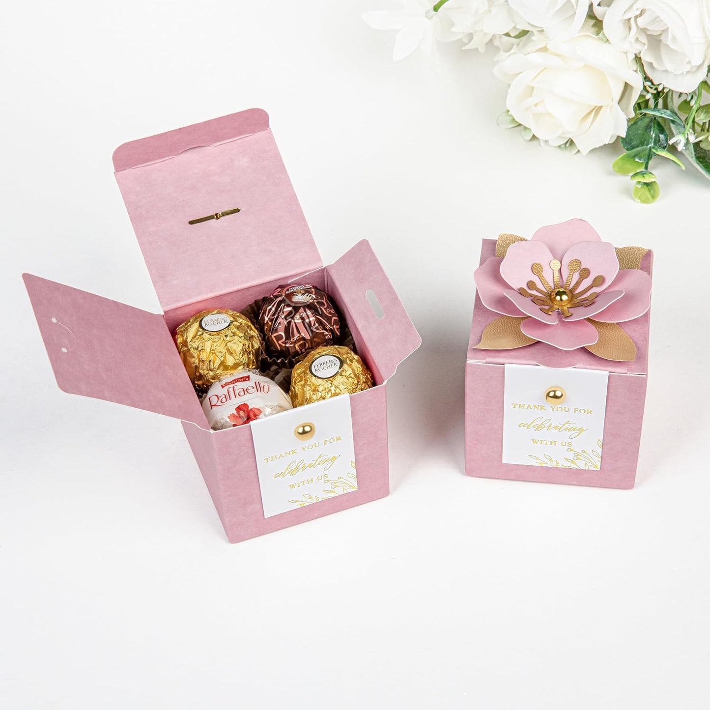 FEIYI 20 PCS Favor Boxes, 3 In 1 Dusty Rose Candy Boxes with Floral Decor, White Thank You Tags Gold Foil Print Gift wrapping for Wedding, Baby Shower, Birthday, Decorations Party - 2.55x2.55x2.55