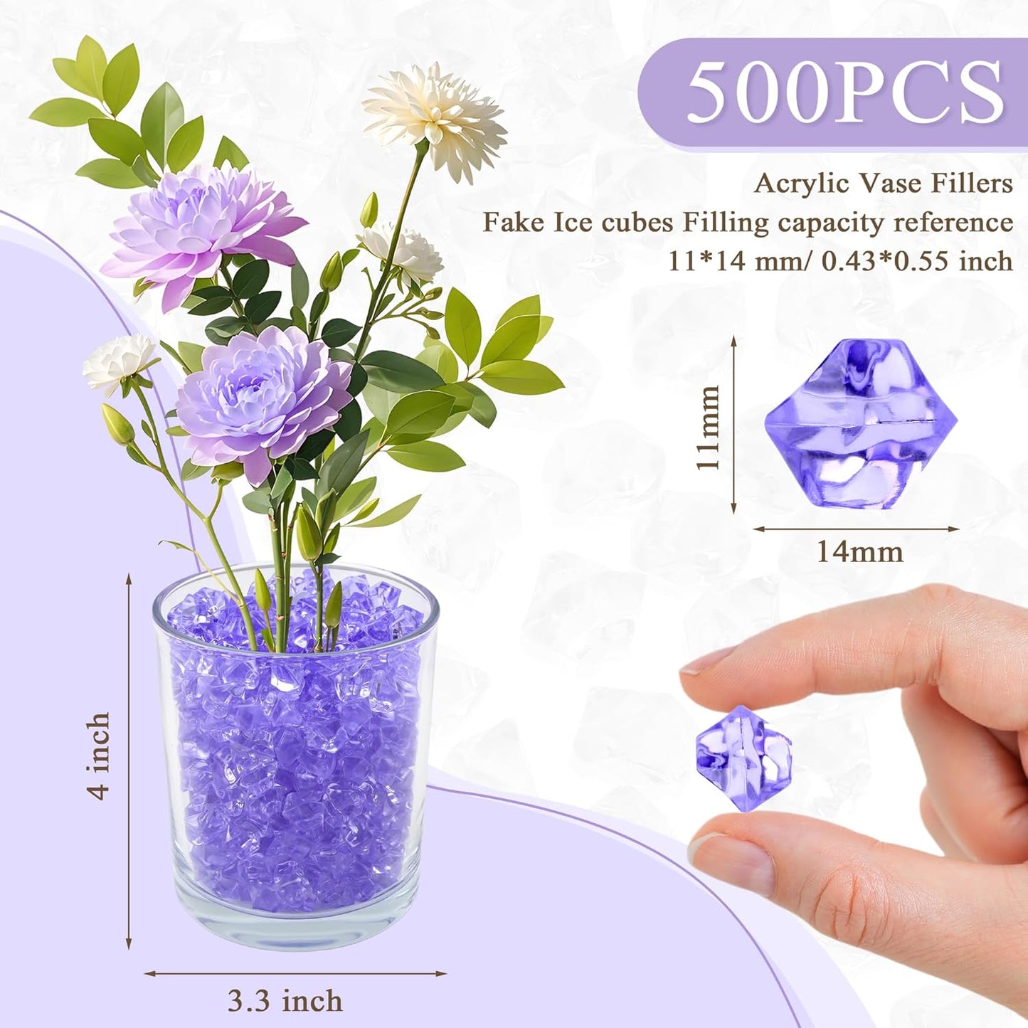 YATOJUZI 500pcs Fake Ice Cubes Violet Acrylic Crushed Rocks Purple Vase Fillers Plastic Diamonds Gems for DIY Party Wedding Centerpiece Table Scatter Prop Display 0.5" (Only Violet)