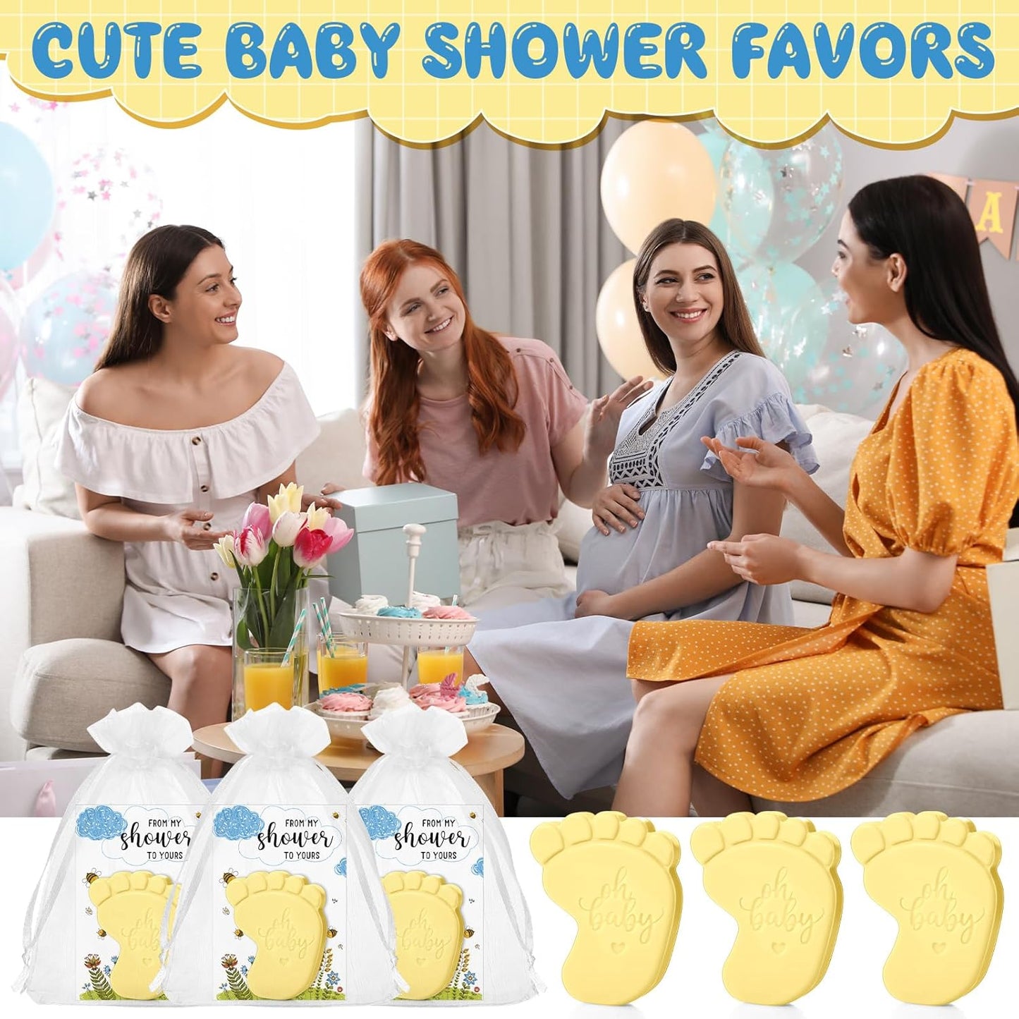 50 Sets Baby Shower Soap Favors for Guests - Mini Handmade Footprint Scented Soap with Thank You Cards and Organza Bag, Party Gifts for Gender Reveal Baptism Shower (Light Yellow)