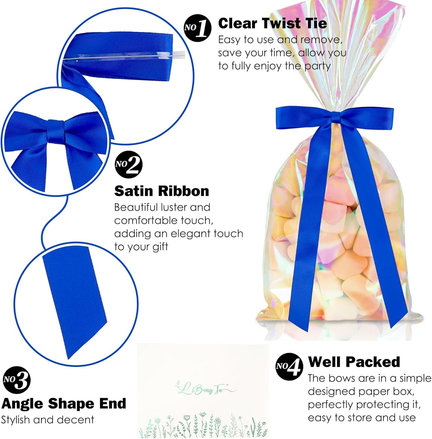 50 PCs Royal Blue Bow Decor 5.5'' Satin Bows with Long Tail, Twist Tie Bows for Craft, Packaging Ribbon Bows, Premade Bows for Cake Decorating, Gift Bows for Treat, Wedding Favor, Party