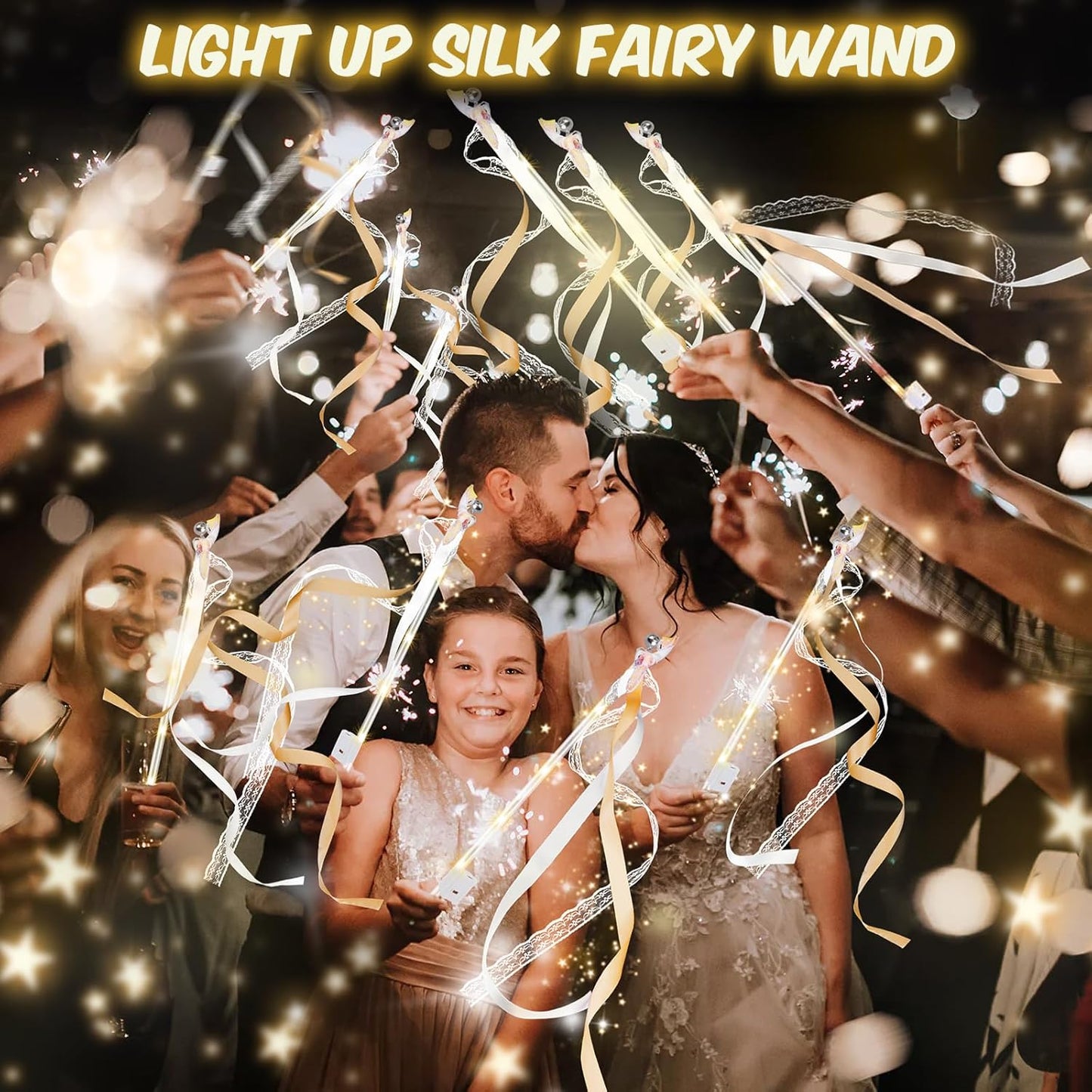 200 PCS Wedding Wands with Lights,Fairy Wands, LED Silk Fairy Wand with Bells for Wedding Send Off, New Year, Raves, Concert, Birthday
