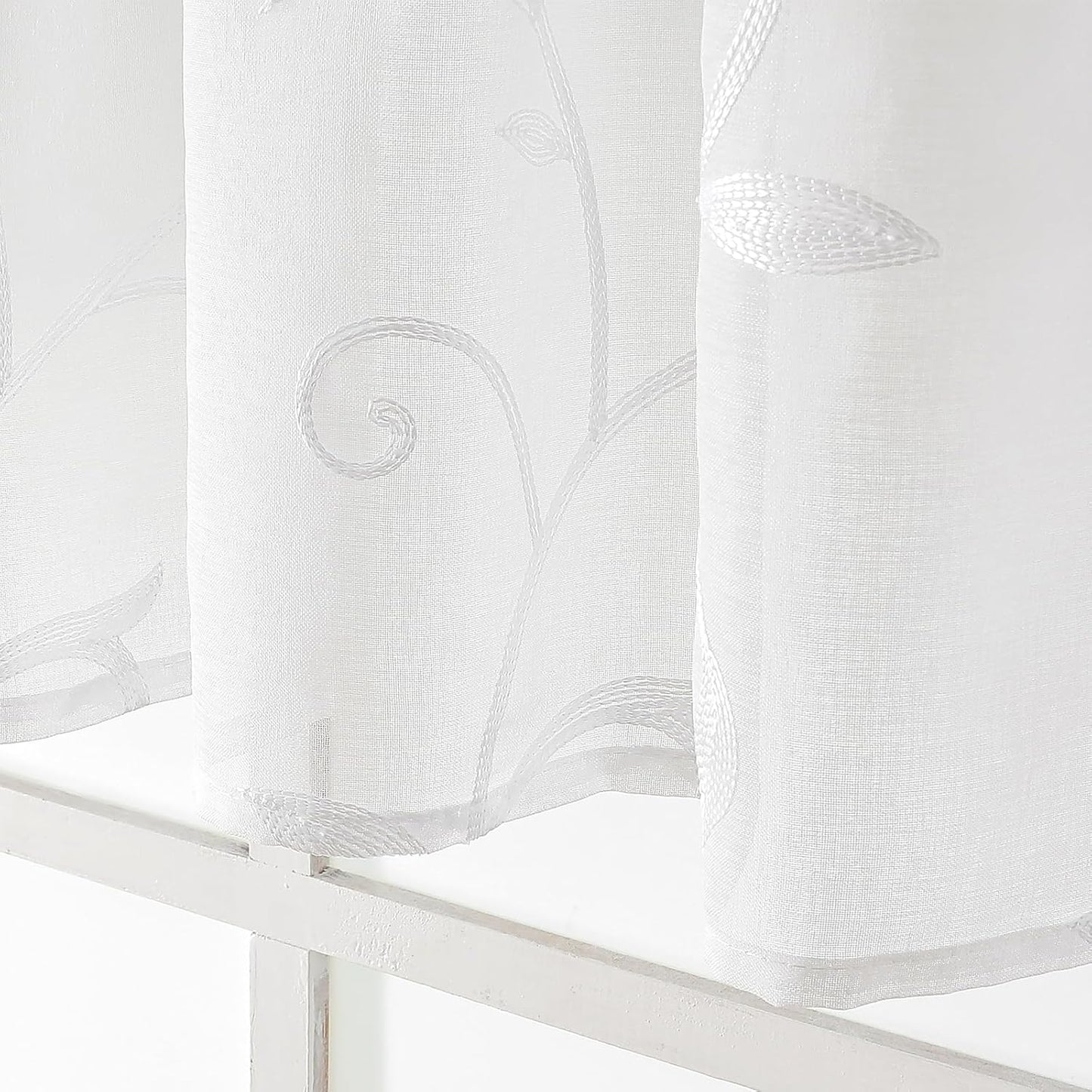 VISIONTEX White Sheer Voile Curtains, Decorative Leaves Embroidery Faux Linen Rod Pocket Window Drapes for Home Kitchen, Living Room and Bedroom 26 x 36 Inch, Set of 2 Curtain Panels