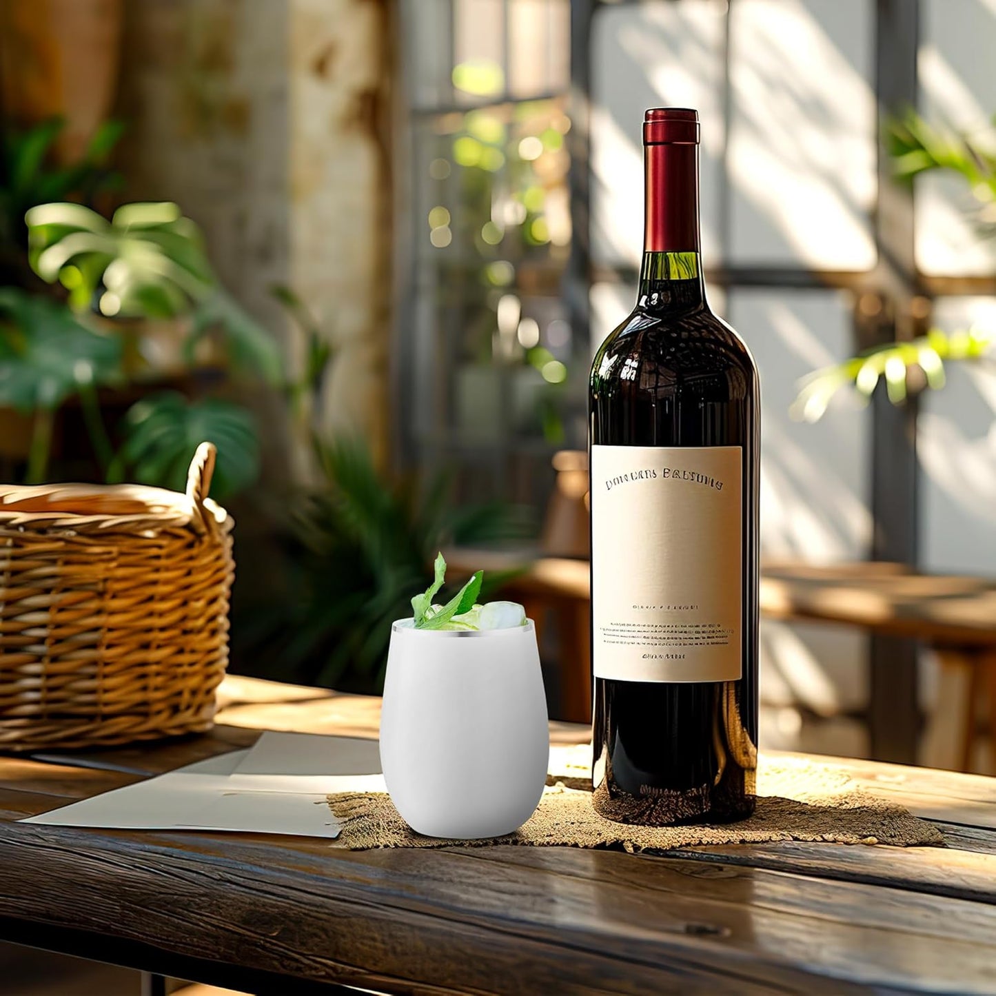 Smarty Had A Party 64 White with Silver Elegant Stemless Plastic Wine Glasses, 12 oz Disposable Drinkware, Plastic Wine Glasses for Parties