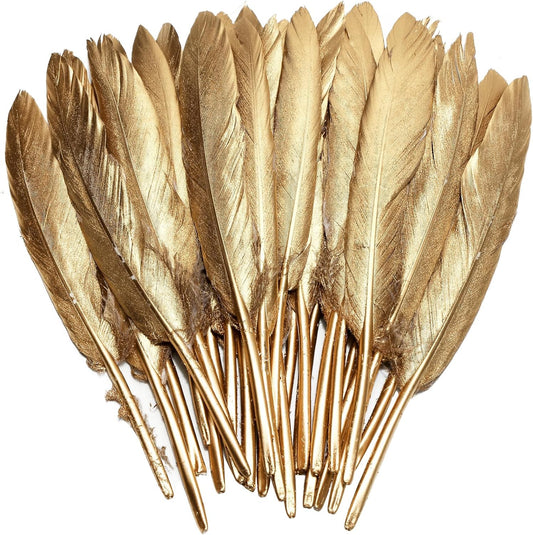 FeelfunFeather 120pcs Gold Goose Cochettes Feather Natural Bulk 4-6 inch 10-15cm for Wedding Party Christmas Decorations DIY Crafts Goose Cochettes Feather