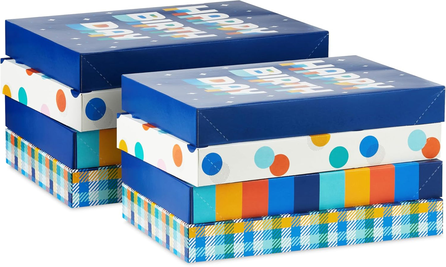 Hallmark Designed Shirt Boxes with Lids (8 Boxes: 2 Each of Orange and Blue Stripes, Plaid, Dots, Happy Birthday) for Birthdays, Father's Day, Graduations