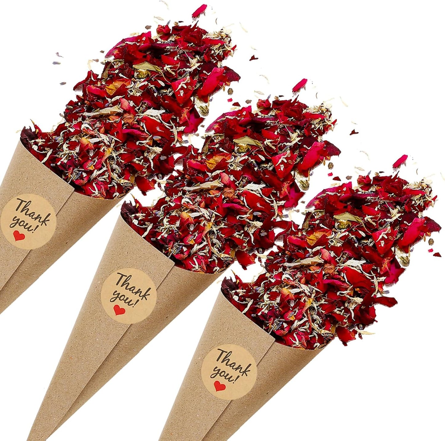 PATIKIL Dried Flower Confetti Cones, 30Pcs Paper Tapers Cone Holder with Dried Rose Petals / Sticker for Wedding Party Engagement Birthday DIY Decoration, Red