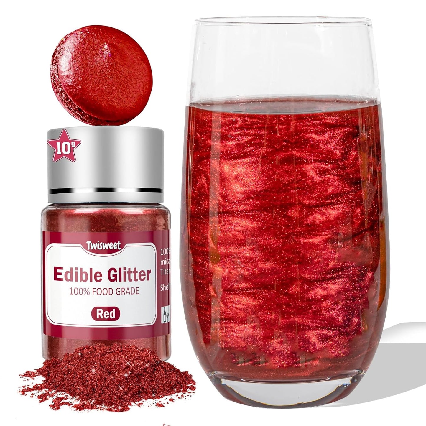 Twisweet Red Edible Glitter for Drinks, Food Grade 10g Sparkling Sprinkles Cake Decorating Supplies, Edible Luster Dust for Cocktail Beverages, Food Coloring Shimmer Powder for Cupcakes Cookies Cake Decorations