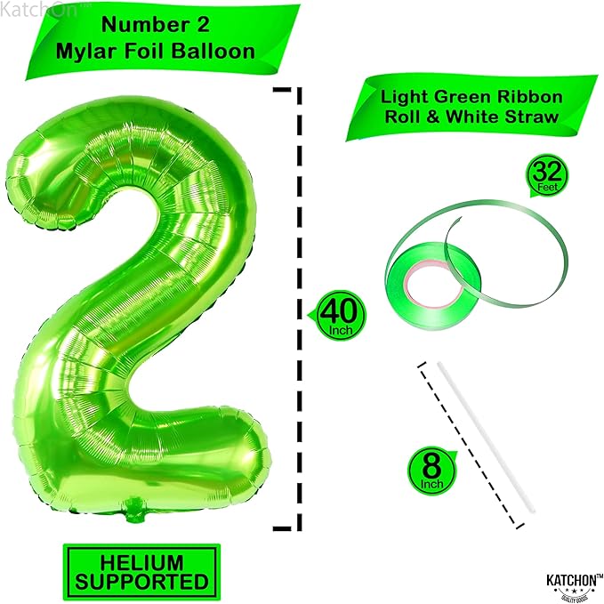 KatchOn, Light Green 2 Balloon Number - 40 Inch | Green Number 2 Balloon for Two Rex Birthday Decorations Boy | Green Two Balloon | 2 Year for Dinosaur Party Decorations 2 Year Old Boy