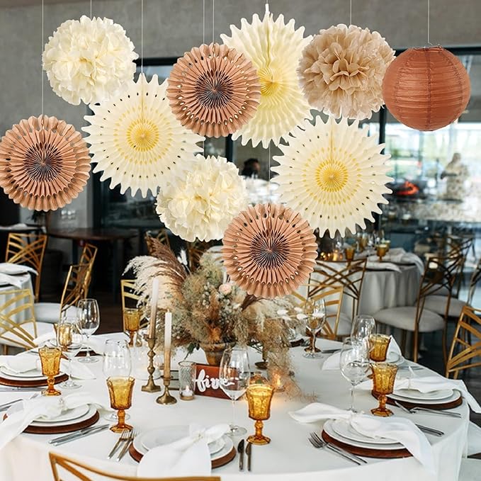 SUNBEAUTY 10 Pcs Brown Party Decorations Rustic Paper Natural Birthday Party Decorations Hanging Lanterns Tissue Paper Pom Poms Cream Folding Fans Kit for Girl Women