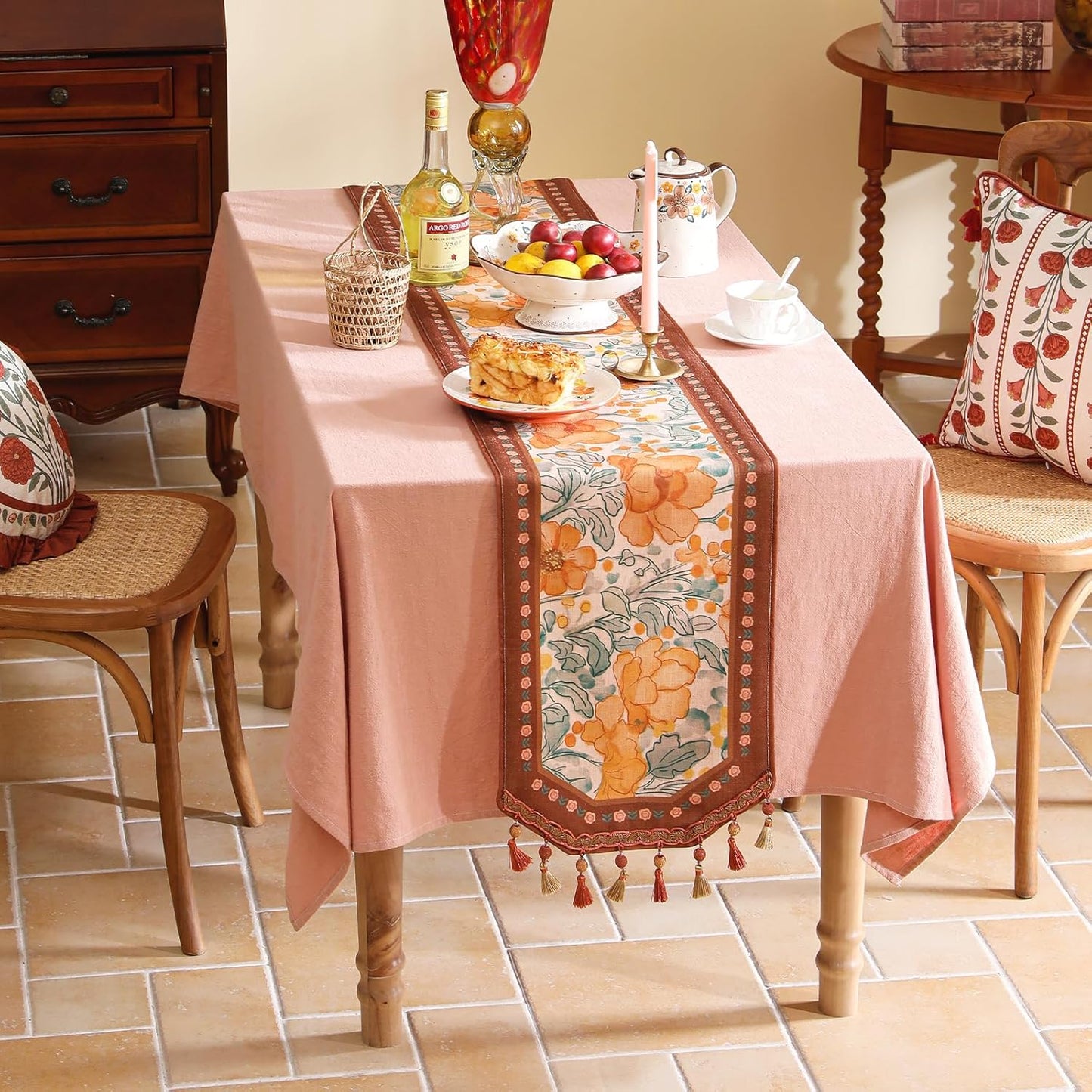 Designer Vintage Orange Floral Small Table Runner,French Farmhouse Soft Linen Coffee Table Runners 63 Inches Long,Decor Tabletop for Kitchen,Dining,Party,Home,Christmas,12"*63"