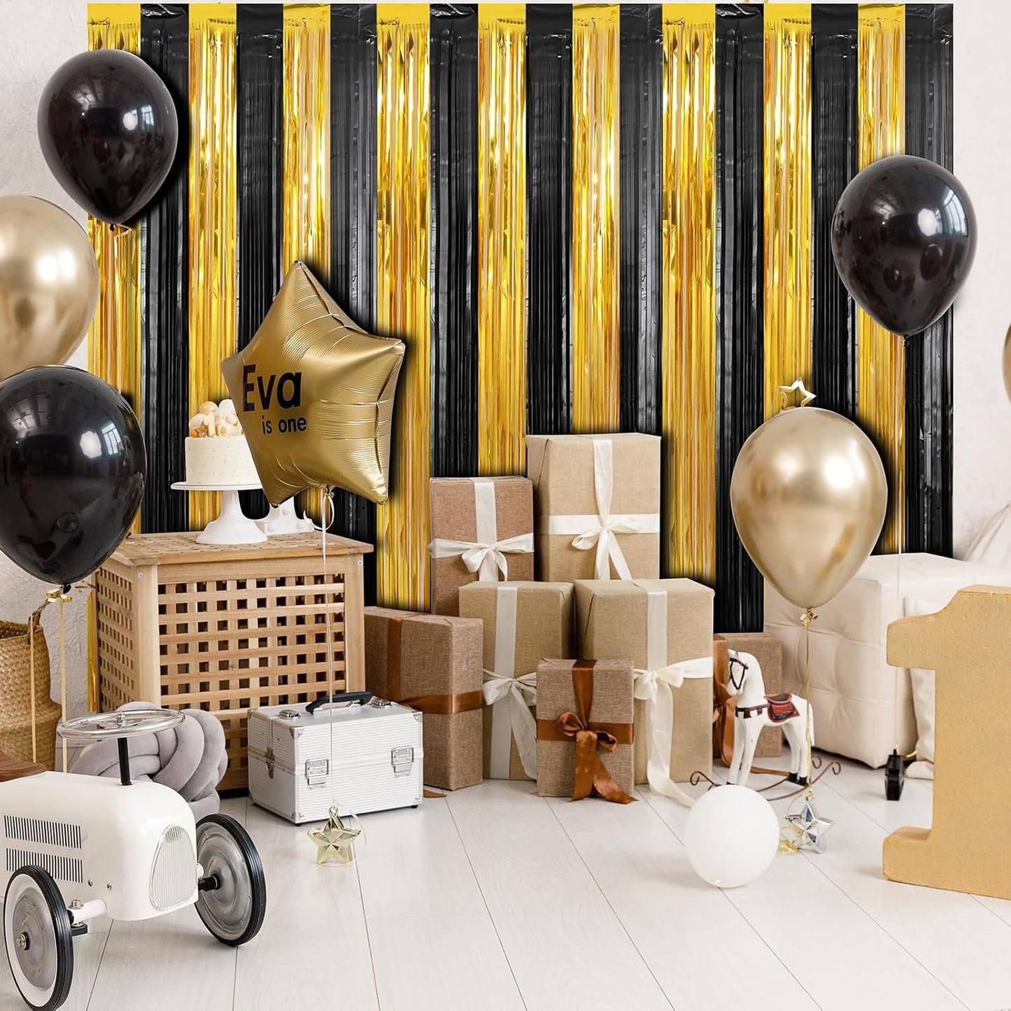 Crosize 2 Pack 3.3 x 9.9 ft Gold and Black Foil Fringe Curtains Party Decorations, Gold Tinsel Curtain Backdrop for Parties, Door Streamers, Glitter Streamer Fringe Backdrop for Birthday Decoration