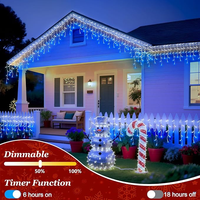 504 LED Fairy lights for Bedroom, 50ft Christmas Window Lights with 112 Drops 12 Modes, Dimmable Curtain Lights, String Lights Indoor Outdoor for Holiday Wedding Party Home Decorations, Blue & White