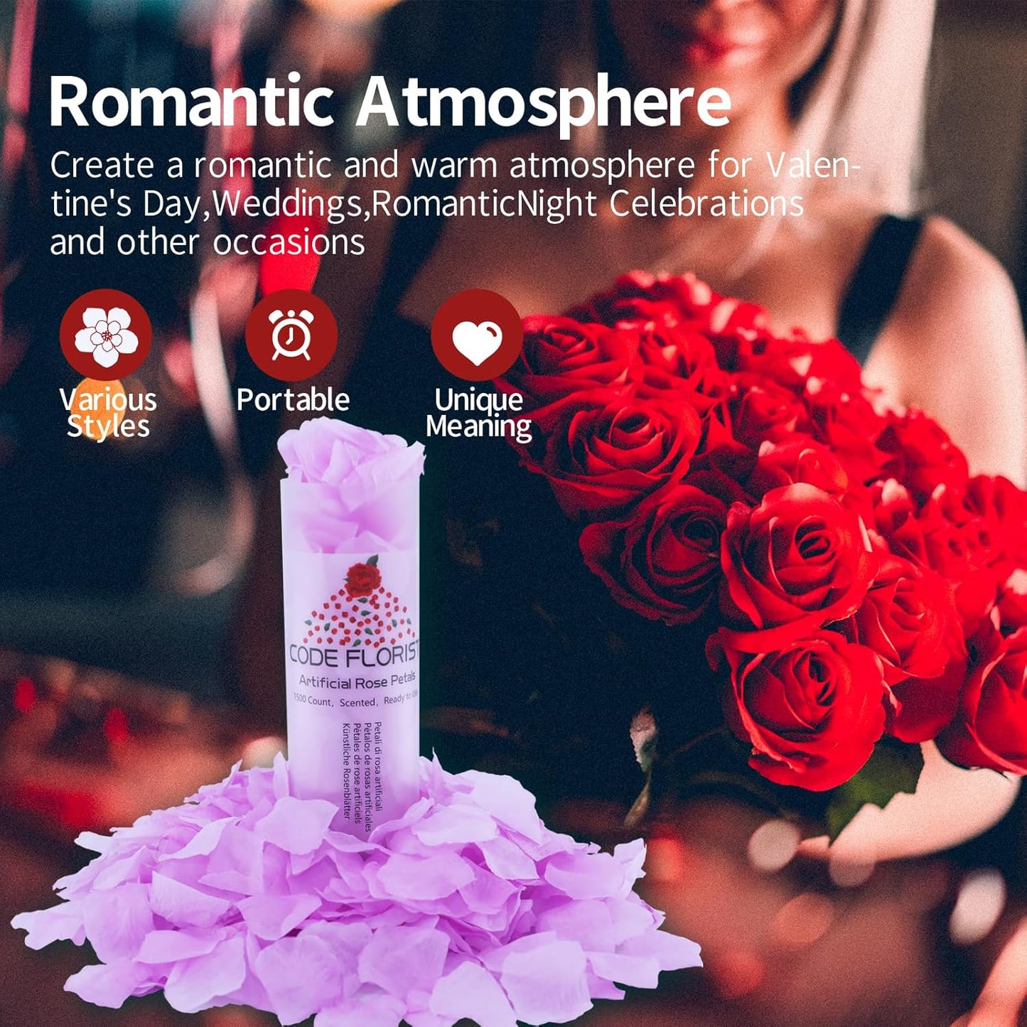 CODE FLORIST 1500 PCS Silk Rose Petals for Valentine's Day,Fake Rose Petals for Romantic Night,Wedding,Proposal Anniversary Flower Decorations(Separated,Scented,Baby Purple)