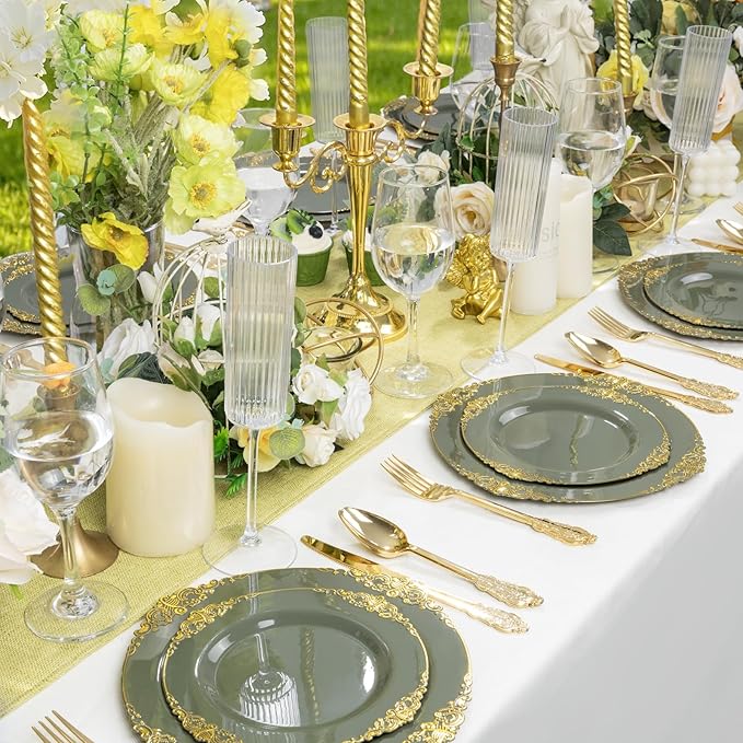 125PCS Olive Green Plastic Plates - Green and Gold Disposable Plates - Vintage Plate with Gold Plastic Silverware Sets for 25 Guests for Wedding & Party