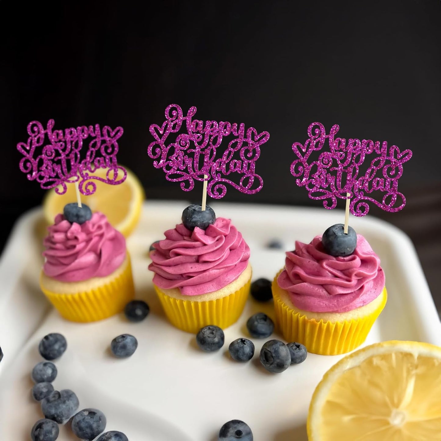 Gyufise 24Pcs Happy Birthday Cupcake Toppers Glitter Happy Birthday Cupcake Picks for Celebrating Happy Birthday Party Decor Anniversary Theme Party Cake Decorations Supplies Purple