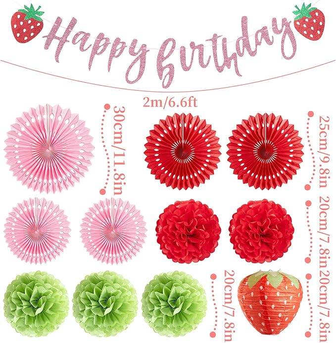 SUNBEAUTY Strawberry Birthday Party Decorations: Strawberry Shortcake Themed Decor for Birthday, Baby Shower; Paper Material; Includes Banner, Lanterns, Fans, Pom Poms