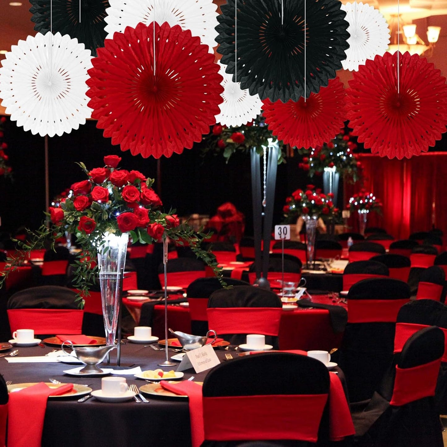 18 Pcs Black Red White Hanging Honeycomb Paper Fans, Round Paper Fan Decorations for Weddings, Birthdays, Bachelorette, Photo Booth Backdrops, Baby Shower, Anniversary Events Party Supplies