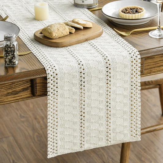 Artoid Mode Beige Farmhouse Woven Rustic Hollow Table Runner, Seasonal Holiday Hollow Kitchen Dining Table Decoration for Home Party Decor 12x60 Inch
