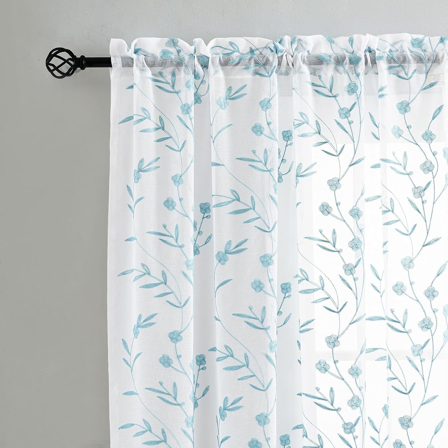 White Embroidery Sheer Curtains White-Blue 95 Inches, Floral Window Treatments Rod Pocket Drapes for Living room, Bedroom, Semi Voile Curtain Panels for Yard, Patio, Villa, Parlor, Set of 2, 52"x 95".