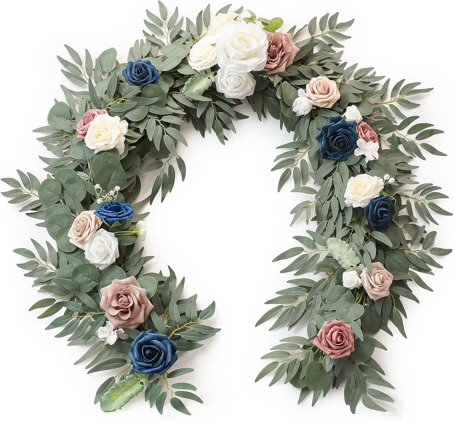 Floroom 6ft Artificial Eucalyptus Garland with Flowers Fake Greenery Faux Floral Vine Garland for Table Decor Wedding Centerpieces Bridal Shower Party Decorations, Dusty Rose & Navy